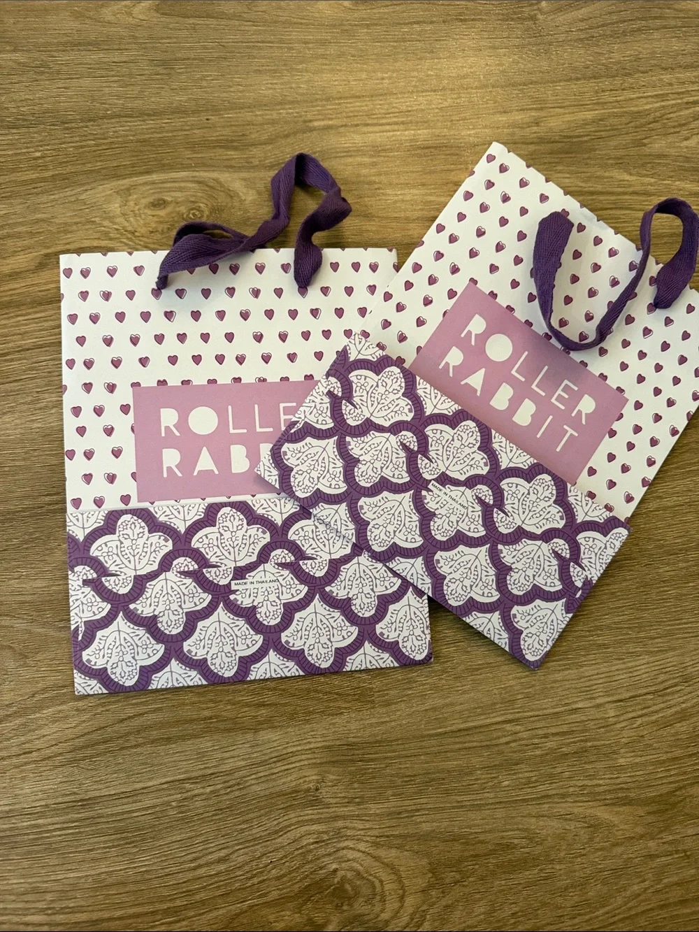 Roller Rabbit Purple Heart Pattern Gift Bags with Ribbon Handles